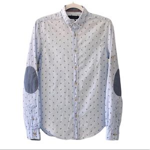 Zara Men’s Shirt Novelty Print Sailboats Button Front Long Roll Tab Sleeves